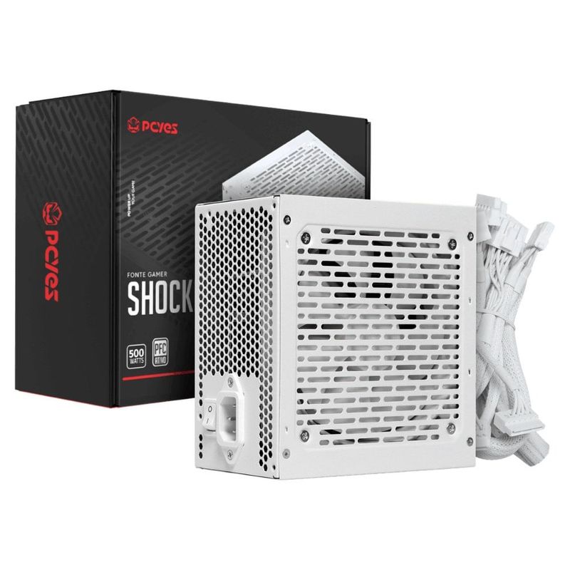 fonte atx gamer 500w pcyes shocker 80 plus pfc ativo white ghost branca (mp)