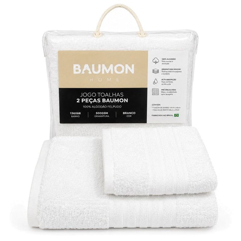 toalhas 2 peças baumon 100% algodão felpudo 136x68 500gsm branco