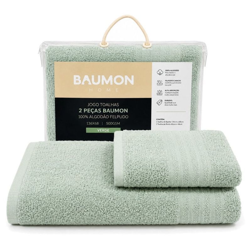 toalhas 2 peças baumon 100% algodão felpudo 136x68 500gsm verde