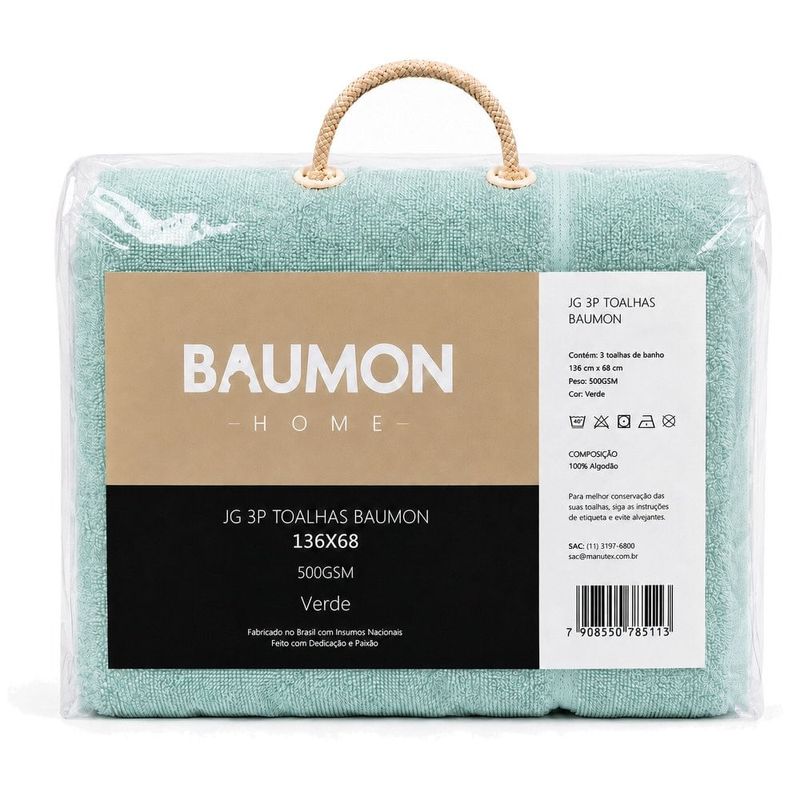 toalhas 3 peças baumon 100% algodão felpudo 136x68 500gsm verde