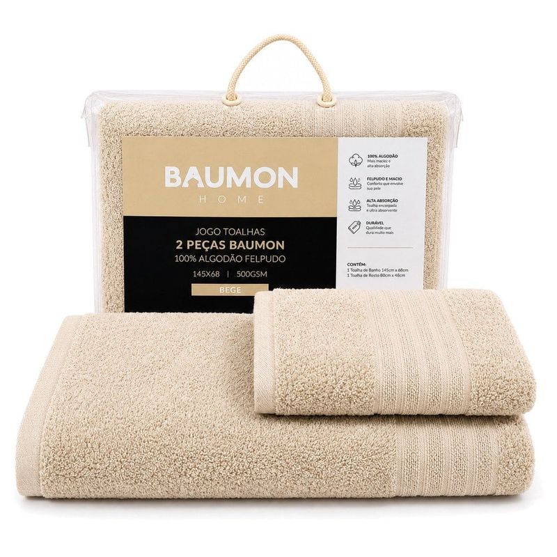 toalhas 2 peças baumon 100% algodão felpudo 145x68 500gsm areia
