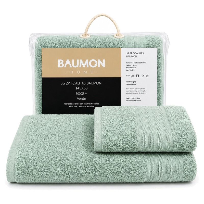 toalhas 2 peças baumon 100% algodão felpudo 145x68 500gsm verde