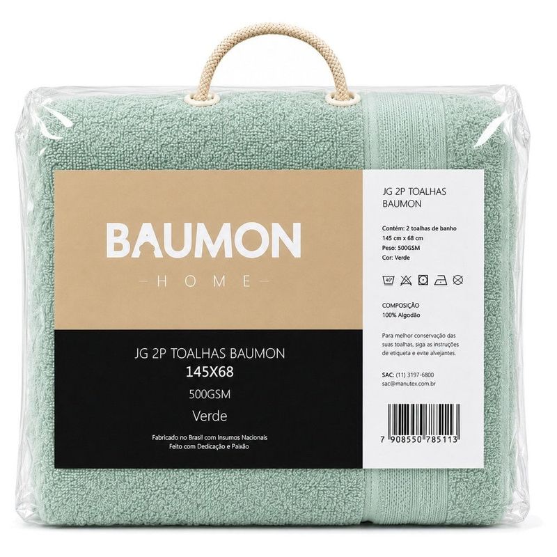 toalhas 2 peças baumon 100% algodão felpudo 145x68 500gsm verde