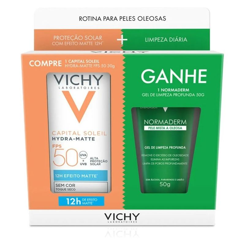 kit vichy protetor solar facial capital soleil hydra-matt fps50 30g + gel de limpeza profunda normaderm 50g