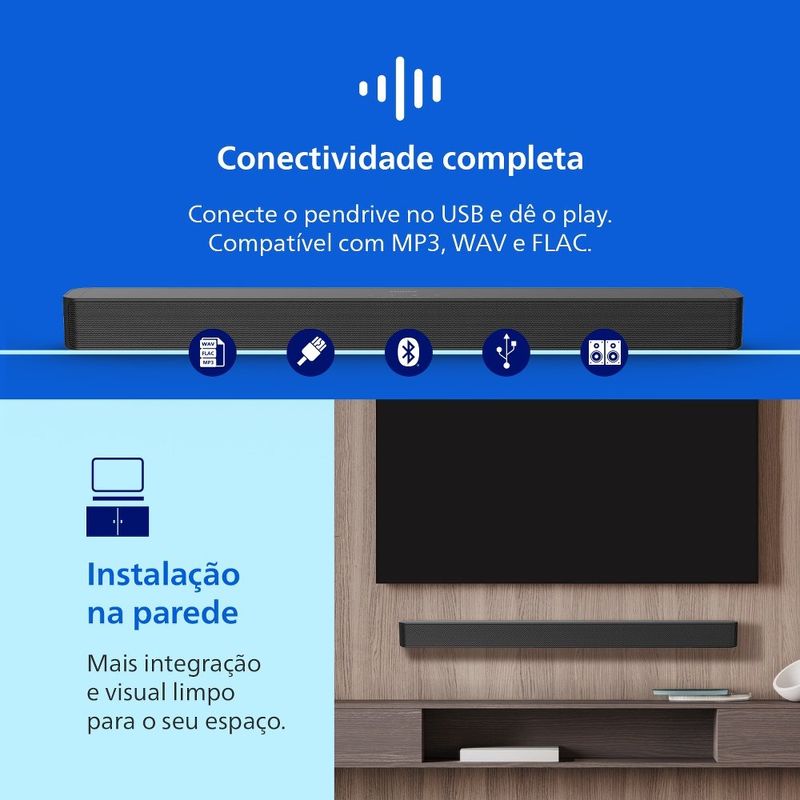 soundbar philips 2.0 60w hdmi-arc bluetooth 5.4 tab4000/78