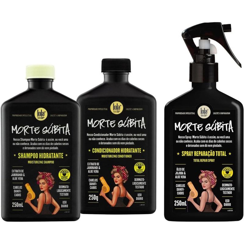 kit lola from rio morte súbita shampoo hidratante + condicionador hidratante + spray reparação total 250ml