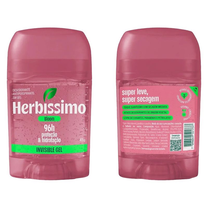 desodorante antitranspirante herbíssimo invisible gel bloom 45g