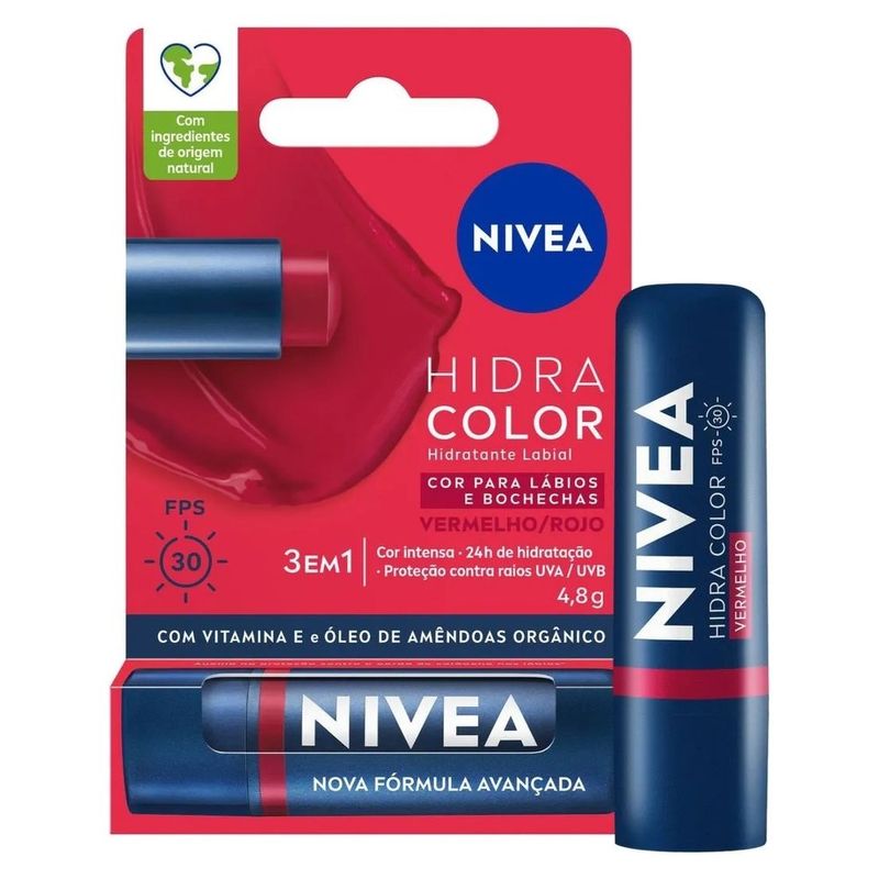 hidratante labial nivea hidra color 3 em 1 vermelho fps30 4,8g