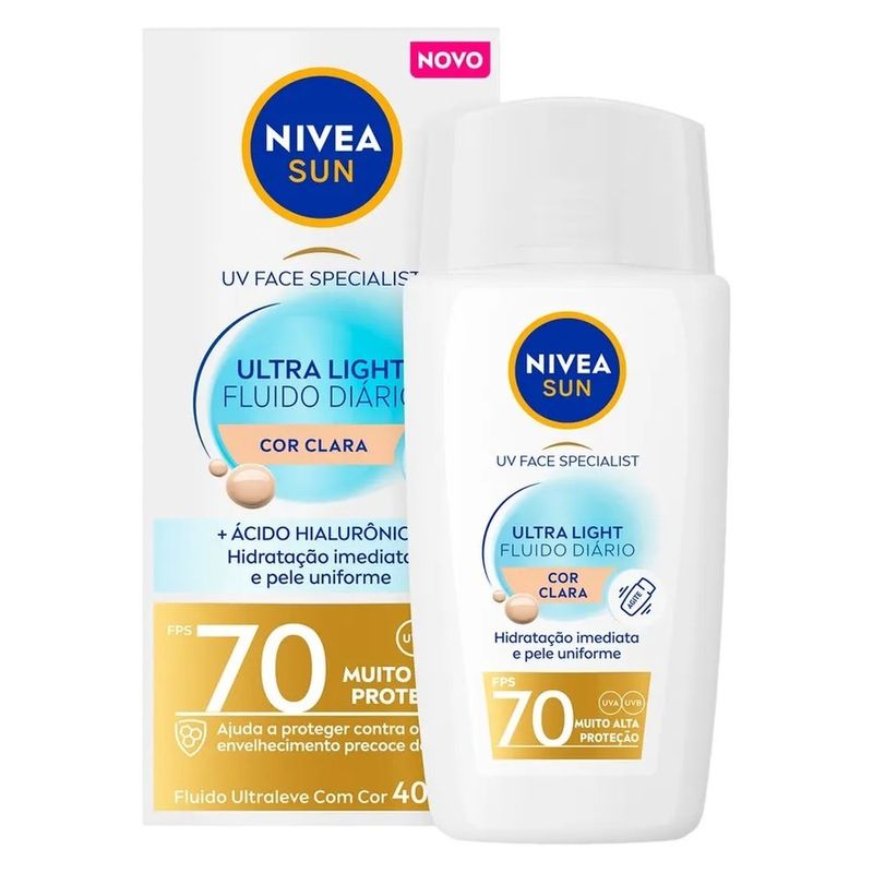 protetor solar facial nivea sun ultra light fluido diário uv face specialist fps70 cor clara 40ml