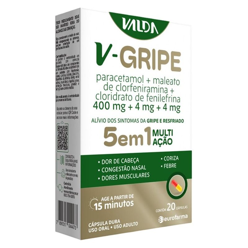 v-gripe valda 5 em 1 multi ação paracetamol + clorfeniramina + fenilefrina 20 cápsulas eurofarma