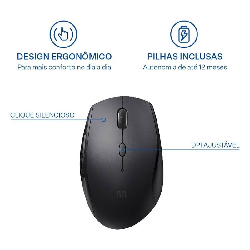 mouse sem fio multilaser mo381 clique silencioso 1600dpi preto (mp)