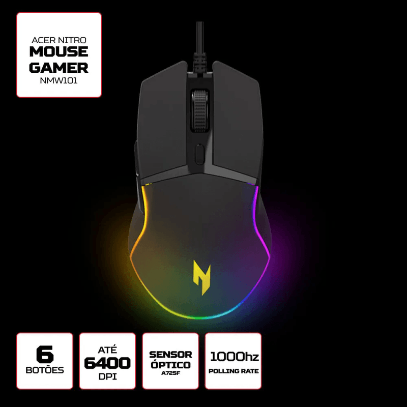 mouse gamer acer nitro nmw101 usb 6 botões 6400dpi rgb gp 040 preto (mp)