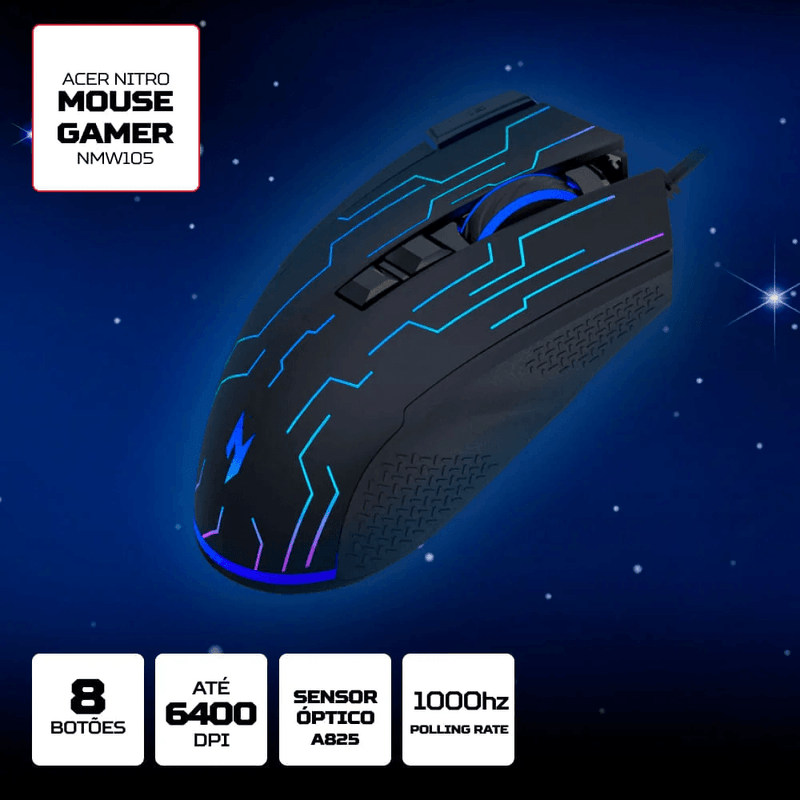 mouse gamer acer nmw105 6 botões 6400dpi rgb gp mce11 041 preto (mp)