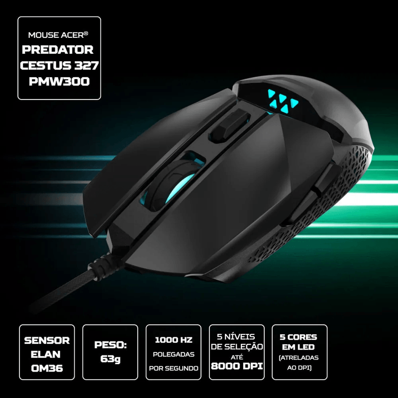 mouse gamer acer predator cestus 327 pmw300 6 botões 8000dpi com led gp 035 preto (mp)