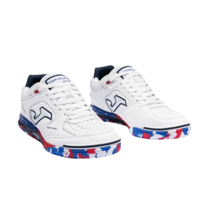 chuteira futsal n°37 joma top flex rebound branco e azul (mp)