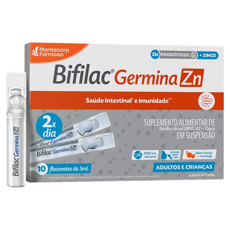 bifilac germina zn 2bi bacillus clausii ubbc-07 + zinco 10 flaconetes sabor laranja e morango mantecorp