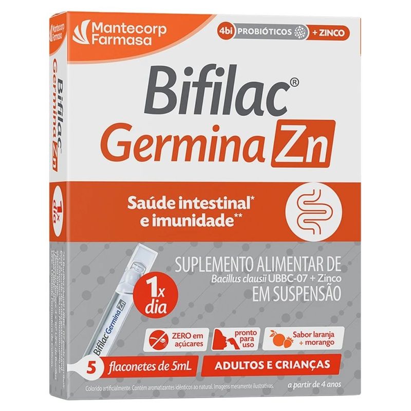 bifilac germina zn 4bi bacillus clausii ubbc-07 + zinco 5 flaconetes sabor laranja e morango mantecorp