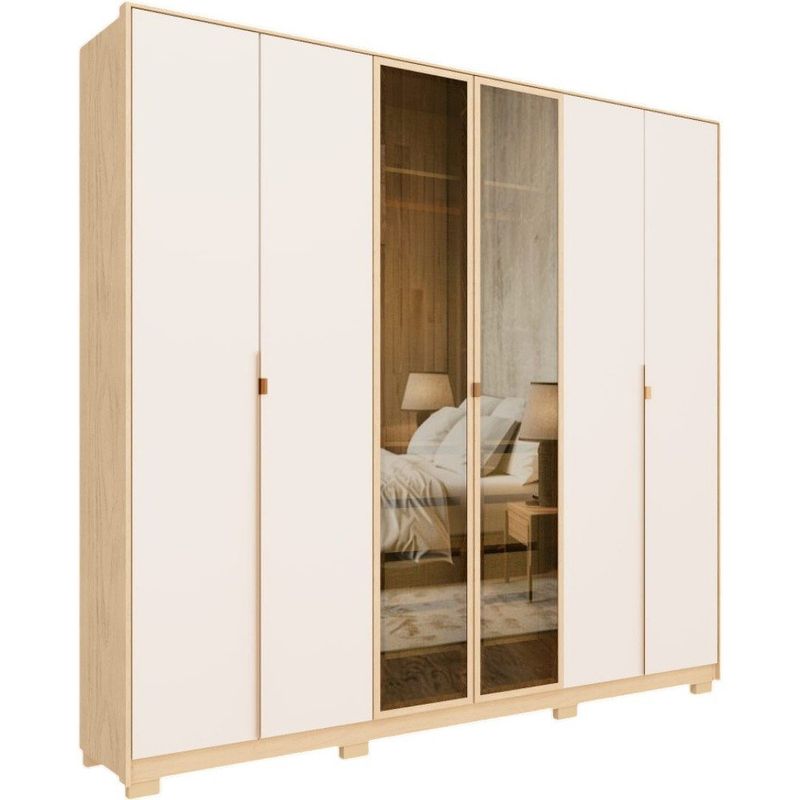 roupeiro 6 portas e 4 gavetas baumon itacoatiara com espelho reflecta carvalho nature com off white ph 1817