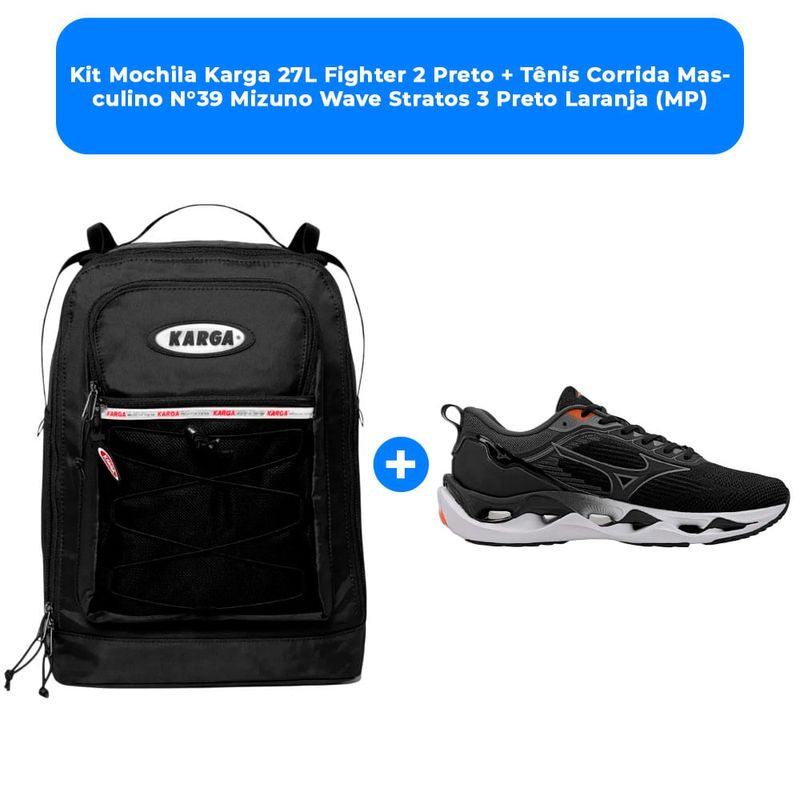 kit mochila karga 27l fighter 2 preto + tênis corrida masculino n°39 mizuno wave stratos 3 preto laranja (mp)