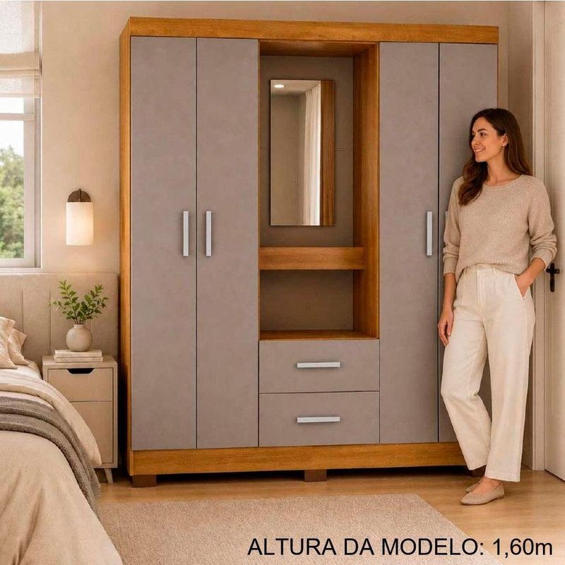 guarda-roupa 4 portas 2 gavetas delicatto capela penteadeira com espelho carvalho e fumê (mp)