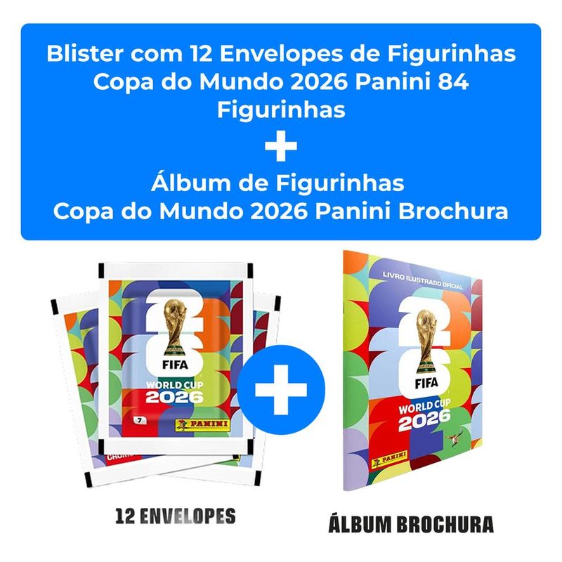 blister com 12 envelopes de figurinhas copa do mundo 2026 panini 84 figurinhas + álbum de figurinhas copa do mundo 2026 panini brochura