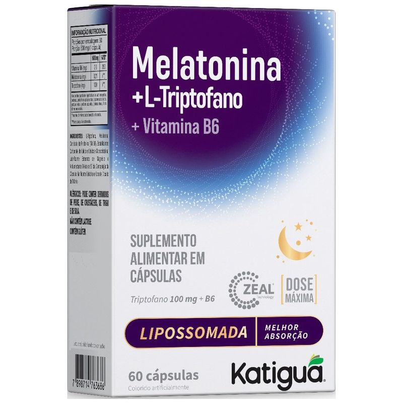 suplemento alimentar melatonina lipossomada + triptofano + vitamina b6 60 cápsulas katiguá