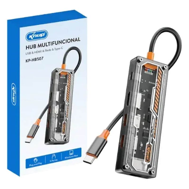 hub usb tipo c com multifunção knup usb 3.0/2.0 hdmi rede power delivery kp-hb507 (mp)