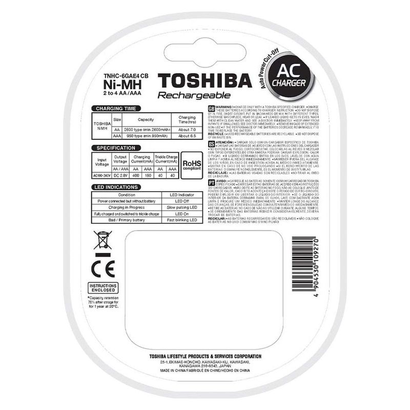 carregador de pilhas toshiba com 4 pilhas aa 2600mah tnhc-6gae4 cb (mp)