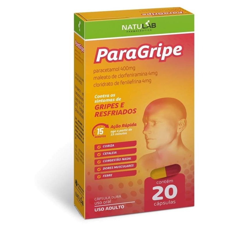 paragripe paracetamol 400 + meleato de clorfeniramona 4mg + cloridrato de fenilefrina 4mg 20 cápsulas natulab