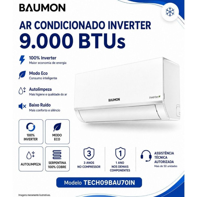 ar-condicionado split inverter 9.000 btus baumon hi-wall 220v 60hz gás r32a branco