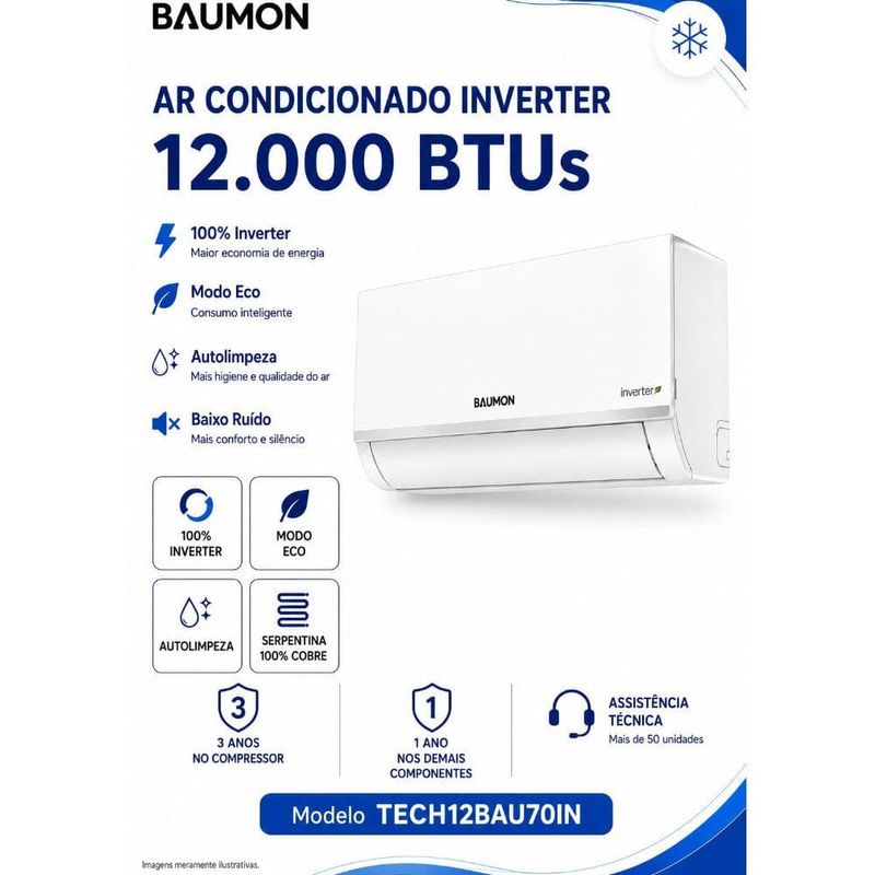 ar-condicionado split inverter 12.000 btus baumon hi-wall 220v 60hz gás r32a branco