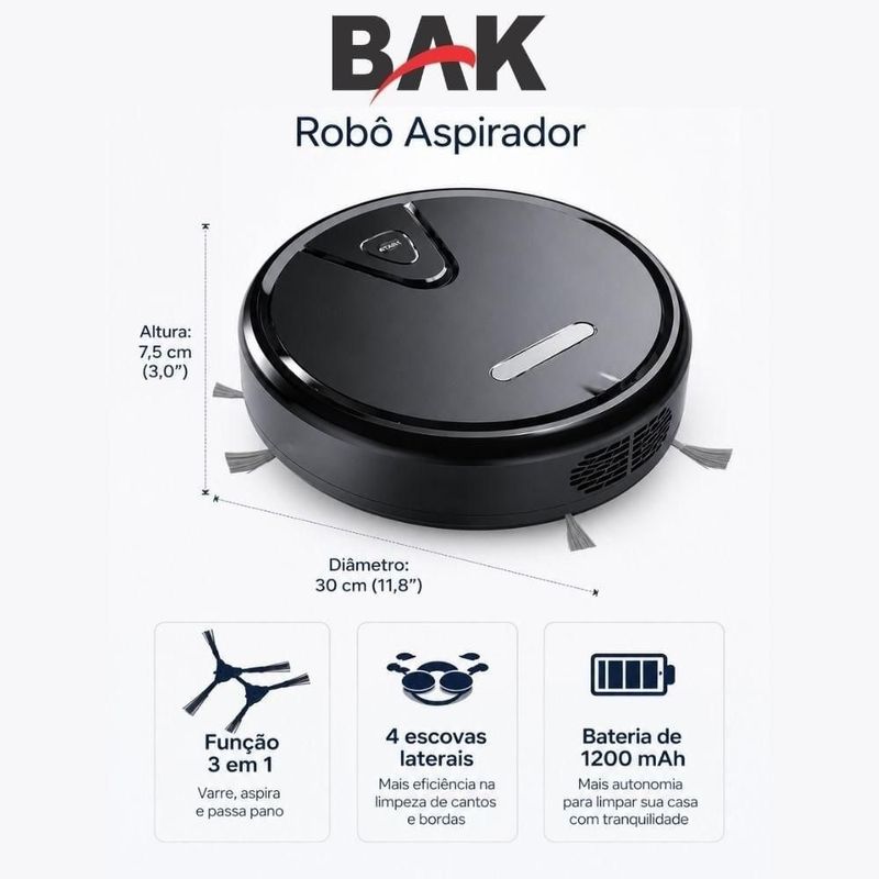 robô aspirador bak 3 em 1 portátil (mp)