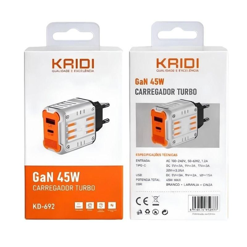 carregador kaidi com usb e usb-c 45w kd692 (mp)