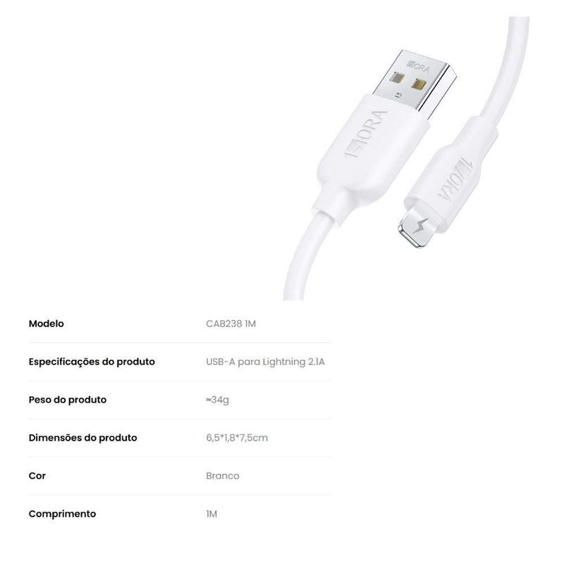 cabo usb-lightning 1hora 1m branco cab238 (mp)