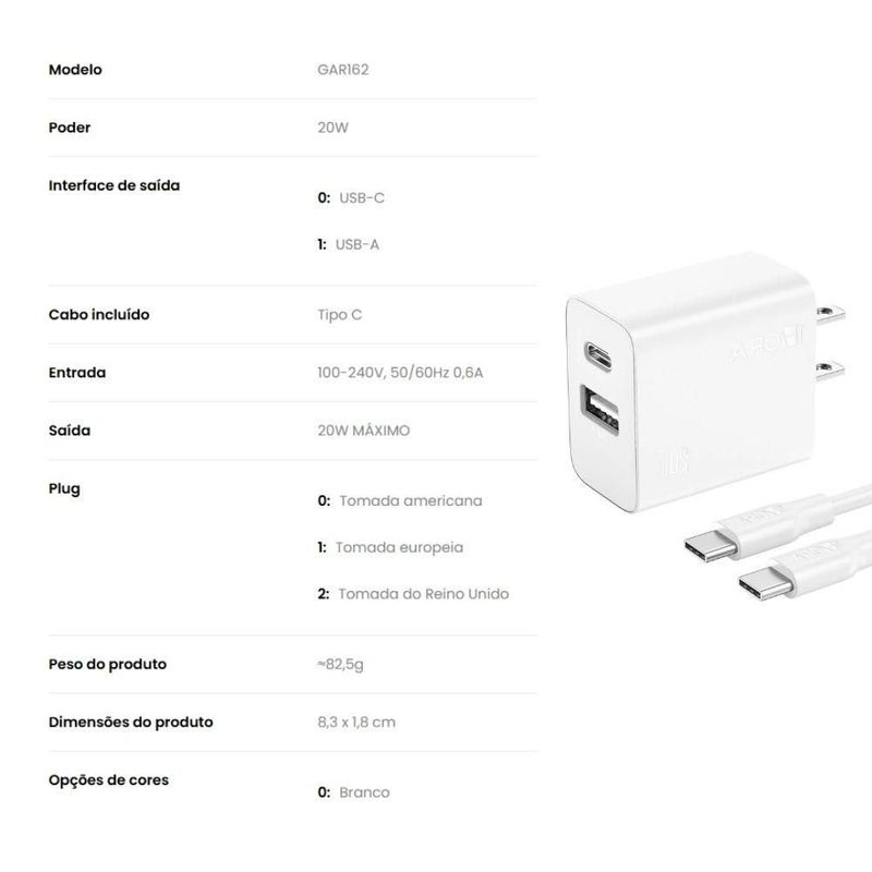 carregador 1hora 2 entradas com cabo usb-c gar162 (mp)
