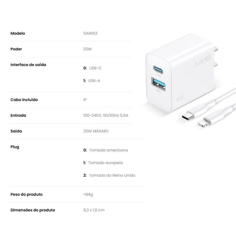 carregador 1hora 2 entradas com cabo lightning gar163 (mp)