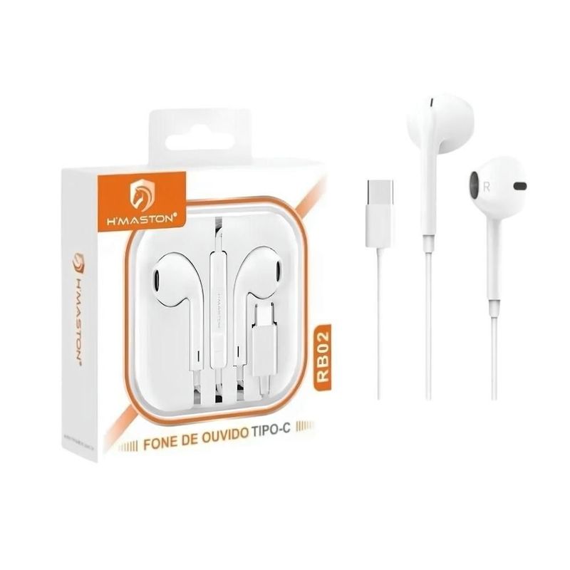 fone de ouvido h'maston com fio usb-c branco rb08 (mp)