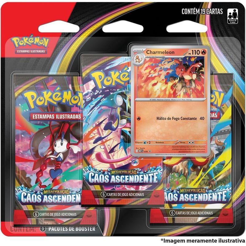 jogo copag pokémon tcg mega evolução caos ascendente 3 pack blister 0401