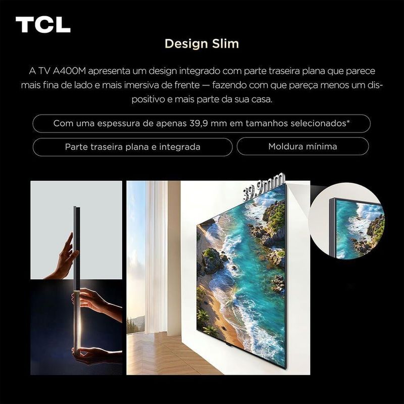 smart tv 4k 75" tcl premium qd-mini led google tv 144hz vrr tela hva processador tsr aipq 75a400m a400m