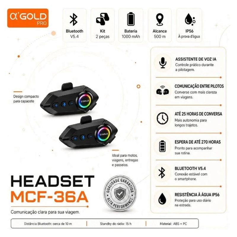 kit 2 intercomunicadores para capacete a'gold mcf 36a (mp)