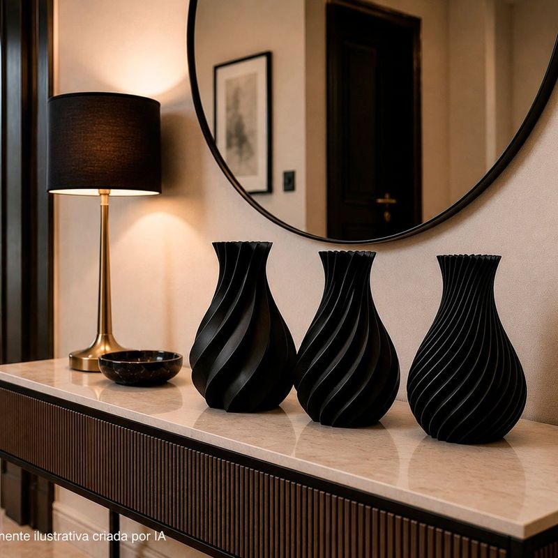 kit vaso decorativo 3 peças tekton3d linha movimento preto (mp)