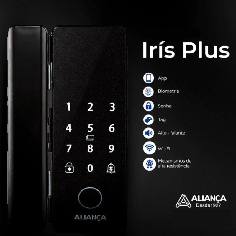 fechadura digital de sobrepor para porta de vidro aliança iris plus preto fosco (mp)