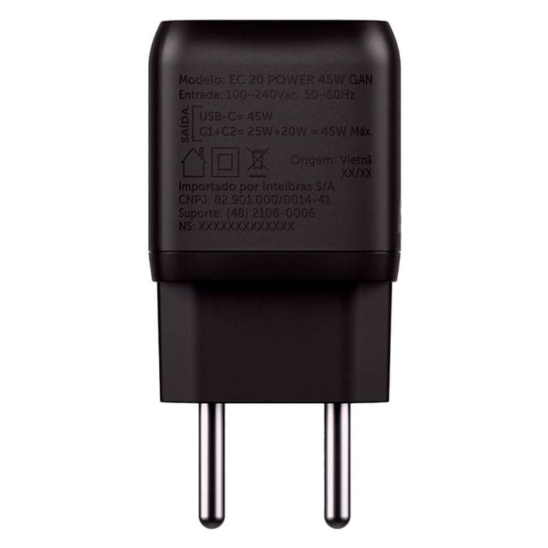 carregador de parede intelbras 2 saídas usb-c turbo 45w ec 20 (mp)