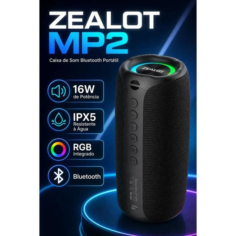 caixa de som zealot mp2 ipx4 20w preto e-bi