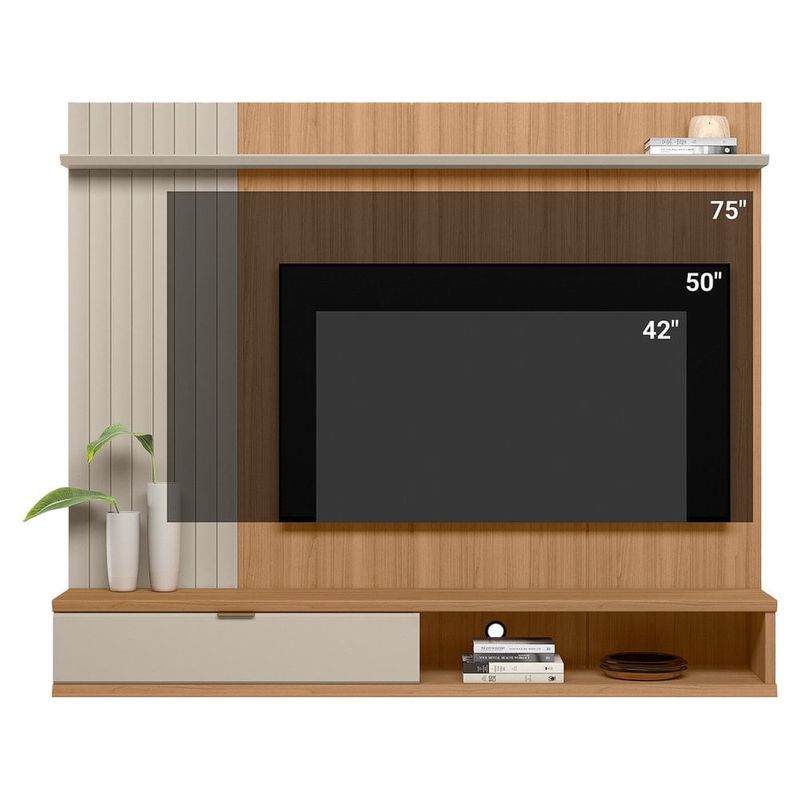 painel linea sintra para tv de até 75 polegadas cor jequitibá com off white