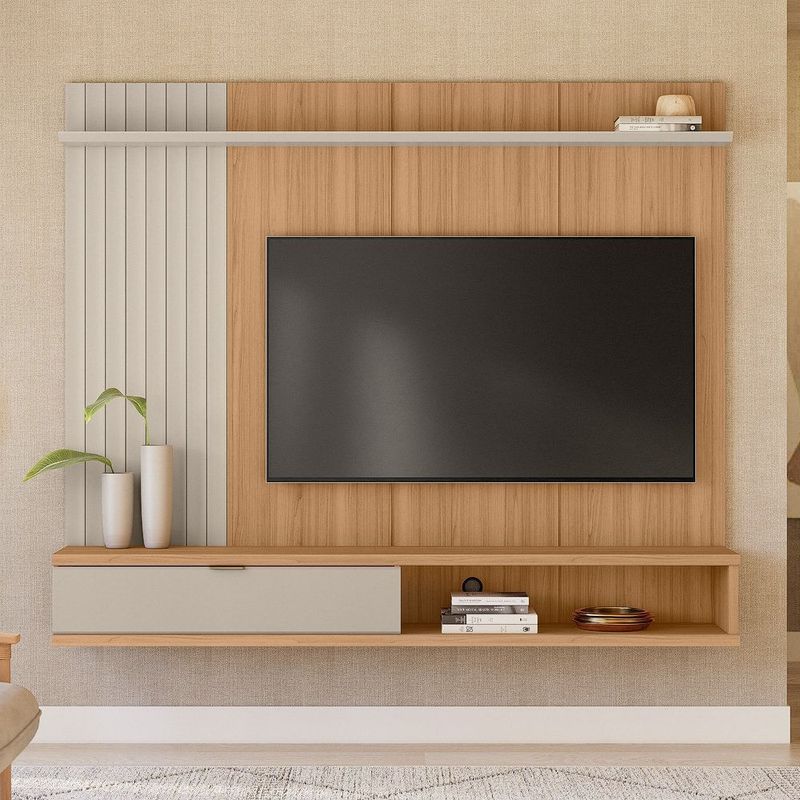 painel linea sintra para tv de até 75 polegadas cor jequitibá com off white