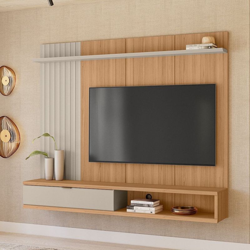painel linea sintra para tv de até 75 polegadas cor jequitibá com off white