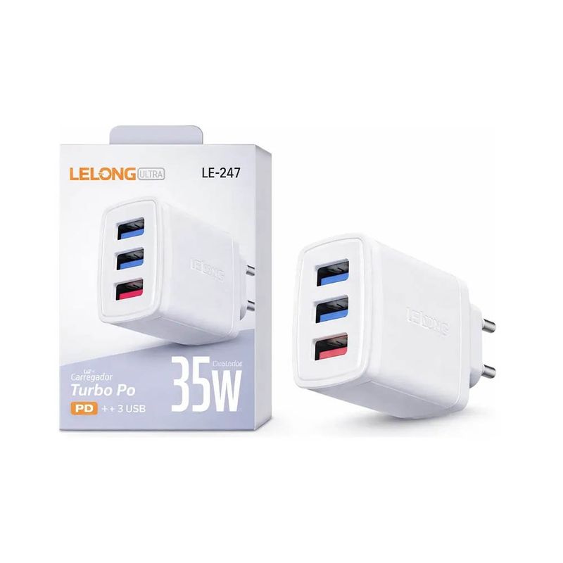 carregador de parede turbo pro lelong ultra com 3 usb le 247 35w (mp)