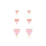 brinco trio semijoia luiza mota coração com zircônia rosa claro (mp)