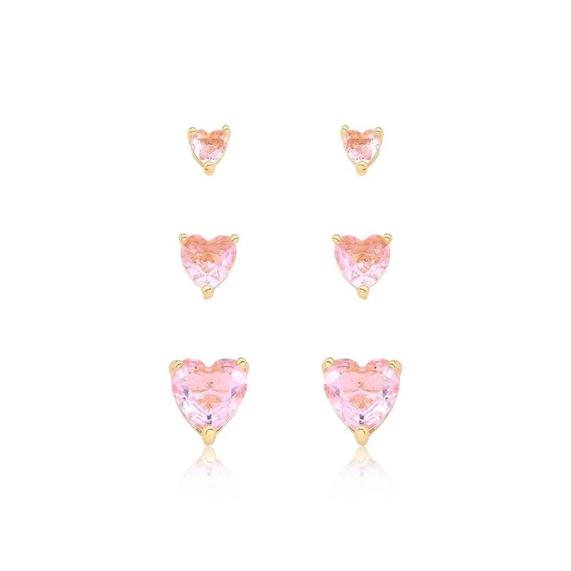 brinco trio semijoia luiza mota coração com zircônia rosa claro (mp)